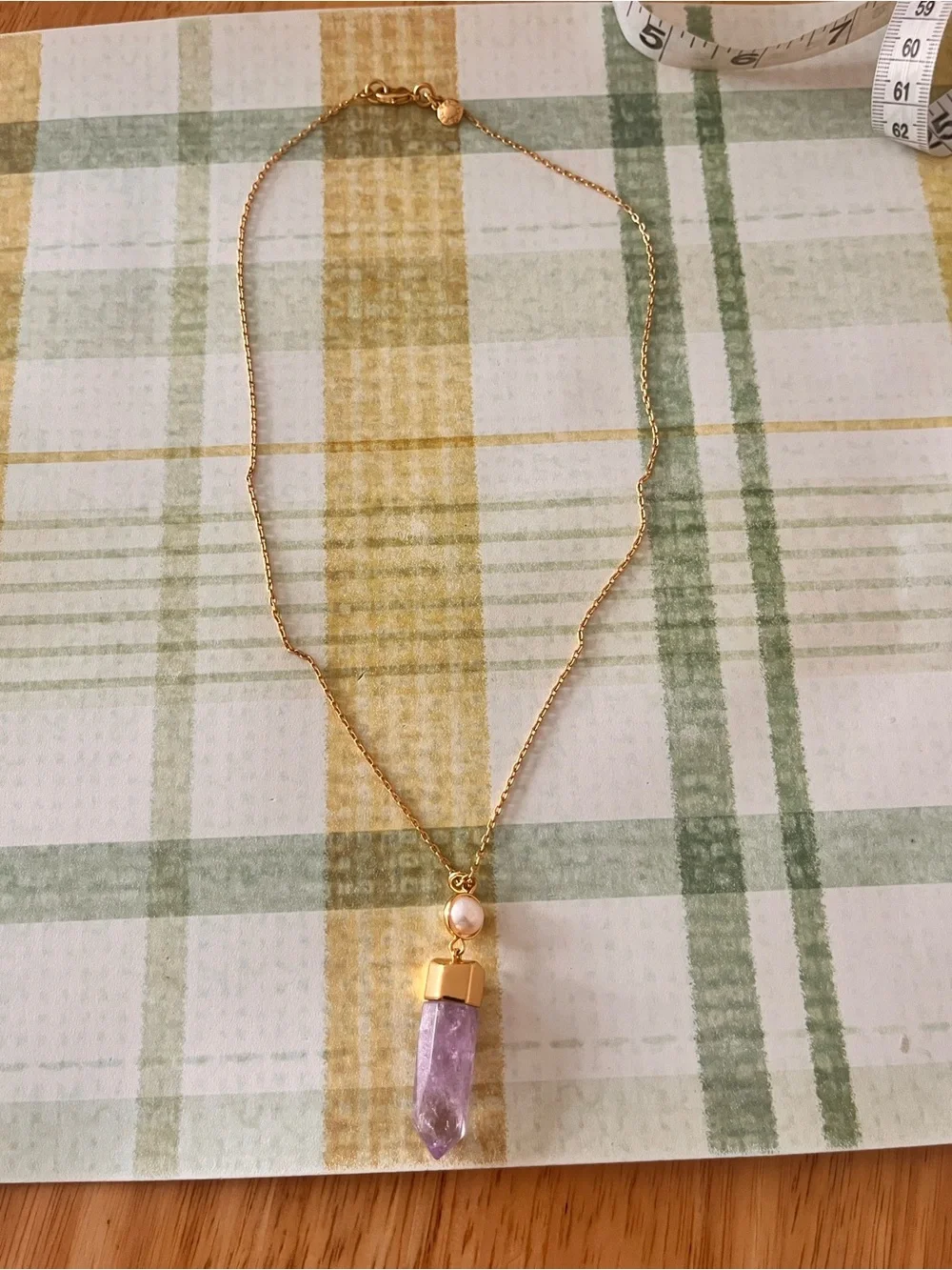 J Crew Raw Amethyst and Pearl Pendant Gold Tone Necklace
